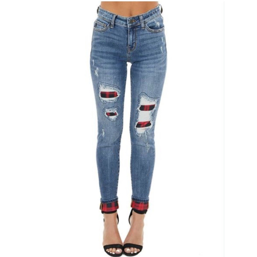 Judy Blue‎ Jeans Women's 5/27 Plaid Skinny Fit Mid Rise Blue Distressed #J14-4